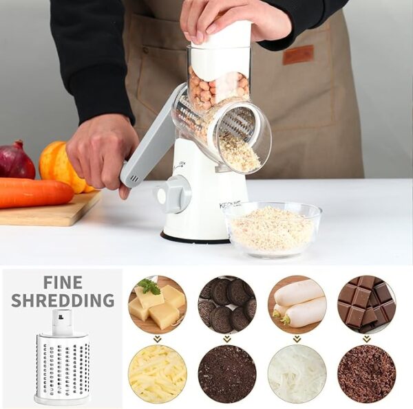 Cambom Rotary Cheese Grater Hand Crank Cheese Shredder for Fresh Cheese, Vegetable, Nuts,Non-slip Suction Base, Free Cleaning Brush Three Blades, White - Image 5