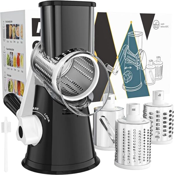 Cambom Rotary Cheese Grater Hand Crank Cheese Shredder for Fresh Cheese, Vegetable, Nuts,Non-slip Suction Base, Free Cleaning Brush Three Blades, Black - Image 2