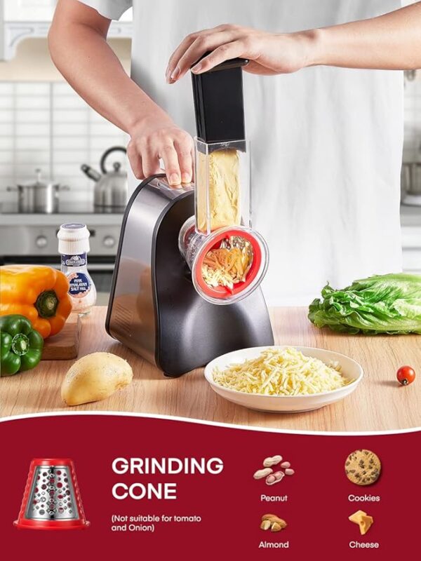 FOHERE Electric Cheese Grater Salad Maker, Electric Slicer Shredder for Home Kitchen Use, One-Touch Easy Control, Electric Grater for Vegetables, Cheeses and Nuts, BPA-Free, Red - Image 5