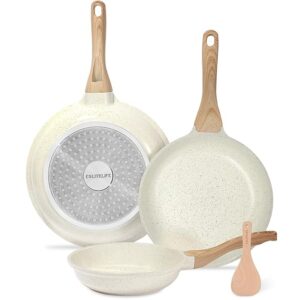 ESLITE LIFE Nonstick Ceramic Frying Pans Skillets Set, Non-Toxic Egg Omelette Kitchen Cooking Pans Compatible with All Stovetops (Gas, Electric & Induction), PTFE & PFOA Free (White)