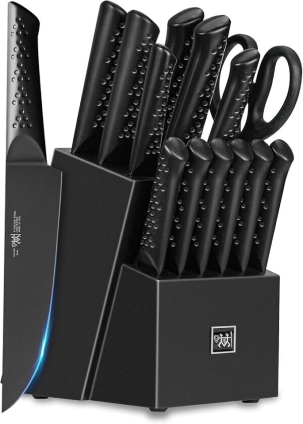 Knife Sets for Kitchen with Block, 15 Piece Knife Set with Built-in Sharpener, Dishwasher Safe, German Stainless Steel, Black - Image 2