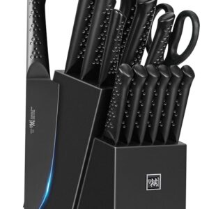 Knife Sets for Kitchen with Block, 15 Piece Knife Set with Built-in Sharpener, Dishwasher Safe, German Stainless Steel, Black