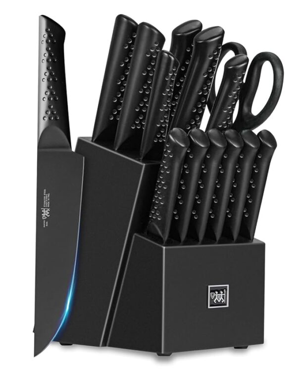 Knife Sets for Kitchen with Block, 15 Piece Knife Set with Built-in Sharpener, Dishwasher Safe, German Stainless Steel, Black
