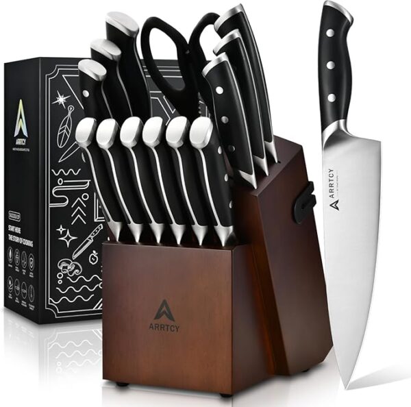 Knife Set with Block - 15 Pieces Kitchen Knife Set with Sharpener - Knife Block Set High Carbon Stainless Steel Ultra Sharp Blades - Triple Rivet Ergonomic Handle - Dishwasher Safe Chef Knife Set - Image 2