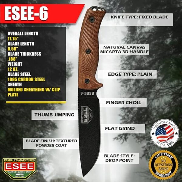 ESEE-6 Fixed Blade Knife, 3D Contoured Handle, 1095 Carbon Steel, Ambidextrous Polymer Sheath, Made in USA - Image 7