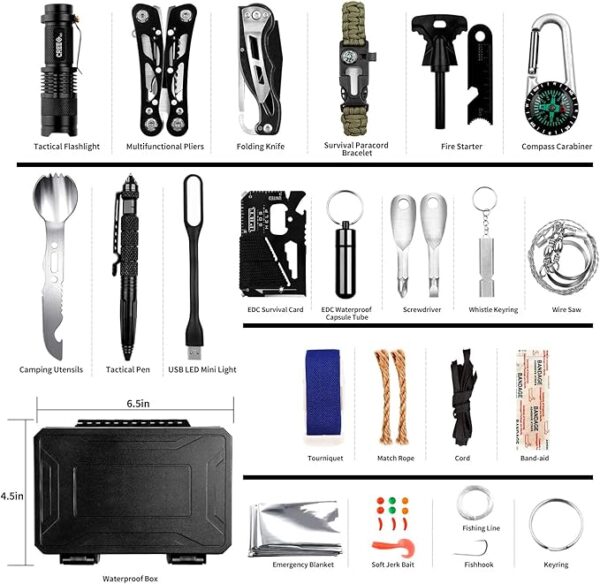 Emergency Survival Gear Kits 60 in 1, Outdoor Survival Tool with Emergency Bracelet Whistle Flashlight Pliers Pen Wire Saw for Camping, Hiking, Climbing,Car - Image 3
