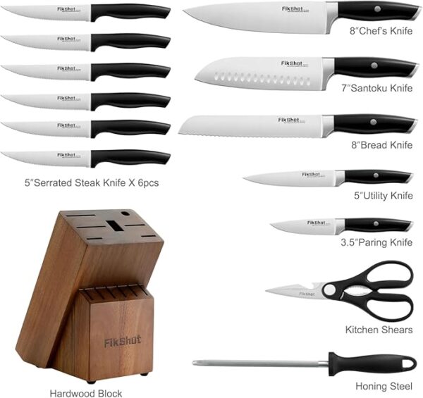 Kitchen Knife Set with Block Dishwasher Safe Full Tang German High Carbon Stainless Steel Razor-Sharp Blade Prevent Rusting, Professional Chef's Knife for Home Cooking (BLACK) - Image 5