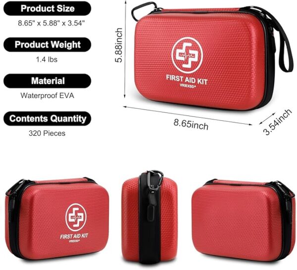 Premium First Aid Kit, 320 Piece Waterproof Hard Shell Eva First Aid Kit for Home, Camping, Cars, Hiking, Travel, Businesses & Outdoor Emergencies - Emergency Medical Kits (Red) - Image 3