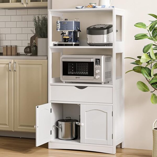 Sideboard Storage Cabinet with 2 Open Shelves, 1 Drawer and 1 Cupboard Kitchen Pantry Storage Cabinet with Microwave Space Freestanding Floor Bathroom Cabinet, Bookshelf,Display Unit for Home, White - Image 2