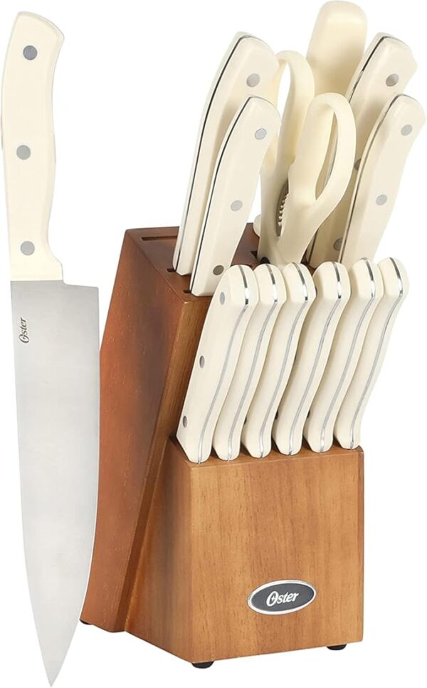 Oster Evansville 14 Piece Cutlery Kitchen Knife Block Set, Stainless Steel w/Linen White Handles - Cuchillos Para Cocina - Image 2