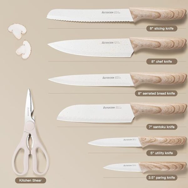 Astercook Knife Set, 13 Pieces Kitchen Knives Set with Ceramic Coating, Stainless Steel Chef Knife Sets with 6 Blade Guards, Dishwasher Safe Knife with Wooden Handle, White - Image 6
