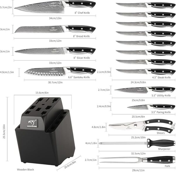 18 Pieces Damascus Kitchen Knife Set, 8 Piece Steak Knives, Non-slip ABS Ergonomic Triple Rivet Handle for Meat Fork, Knife Sharpener and Shears, 17 Slots Wooden Knife Block - Image 3