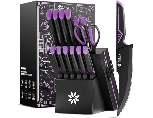 Knife Set - 15 PCS Kitchen Knife Set with Built-in Knife Sharpener Block - Stainless Steel Knife Block Set - Dishwasher Safe Mordern Knife Set, Elegant Box for Men Women
