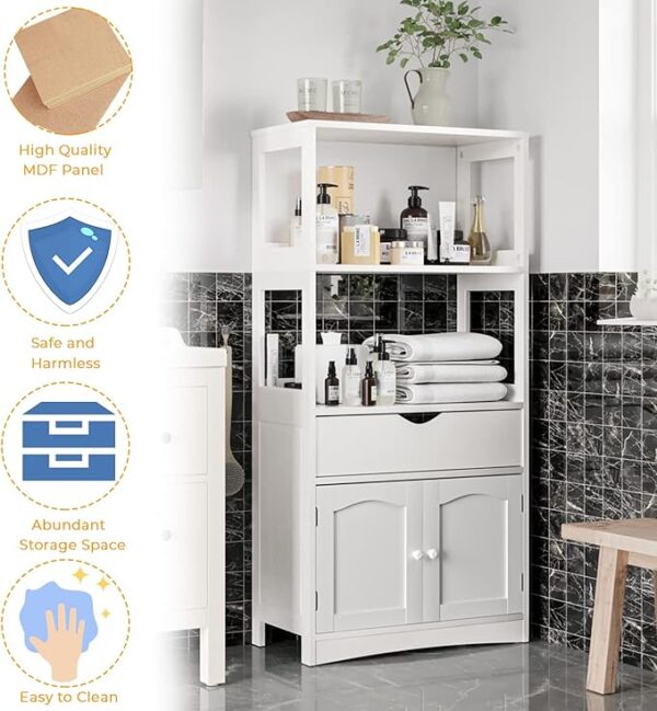Sideboard Storage Cabinet with 2 Open Shelves, 1 Drawer and 1 Cupboard Kitchen Pantry Storage Cabinet with Microwave Space Freestanding Floor Bathroom Cabinet, Bookshelf,Display Unit for Home, White - Image 5