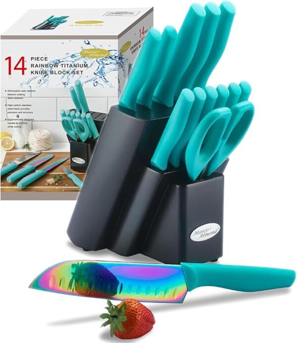 Marco Almond Knife Block Set, Knife Set Rainbow Color, 14 Piece Stainless Steel Kitchen Knife Sets with Block, KYA27 Chef Cooking Steak Knives Set for Kitchen - Image 2