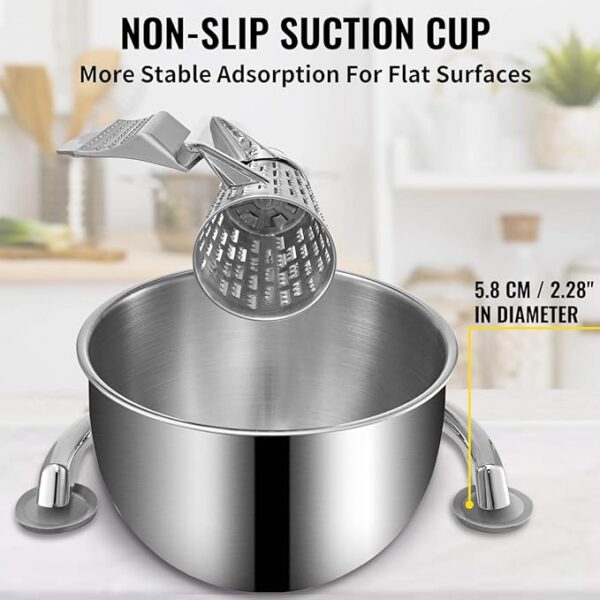 VEVOR Rotary Cheese Grater, Zinc Alloy Rotary Vegetable Mandoline, Manual Cheese Mandoline w/ 5 Stainless Steel Cutting Cones, Manual Vegetable Grater w/ 2.5L Bowl, Rotary Shredder w/Suction Base - Image 5