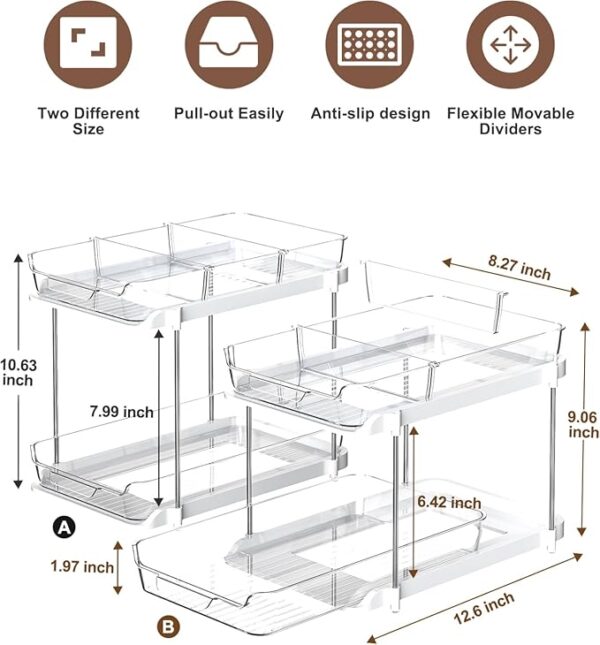 Delamu 2 Sets of 2-Tier Multi-Purpose Bathroom Under Sink Organizers and Storage, Stackable Kitchen Pantry Organization, Pull Out Medicine Cabinet Organizer with 8 Movable Dividers - Image 3