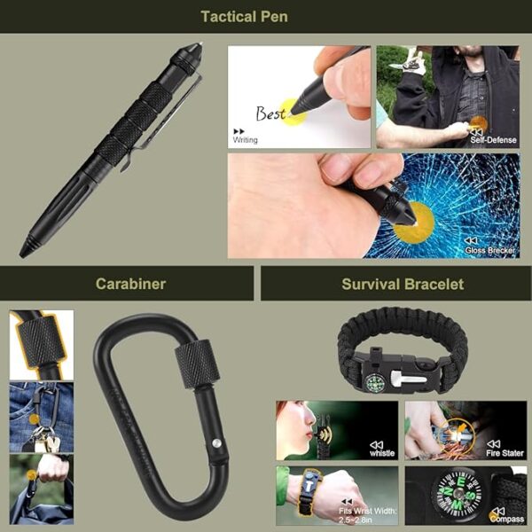 XUANLAN Emergency Survival Kit, Outdoor Survival Gear Tool with Survival Bracelet, Fire Starter, Whistle, Wood Cutter, Water Bottle Clip, Pen (29 in 1) - Image 6