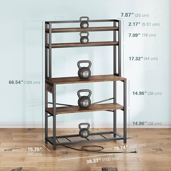 Denkee Large Bakers Rack with Power Outlets, 5-Tier Microwave Stand with Storage, Coffee Bar Stand, Industrial Kitchen Shelf Rack, 38 x 15.7 x 66.9 Inches, Rustic Brown - Image 3