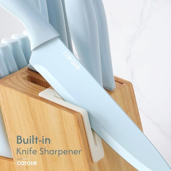 CAROTE 15Piece Knife Set, Kitchen Knife Block Set, Elegant Ceramic-Coated Blades with Stylish Wooden Block for Modern Culinary Excellence, Blue - Image 5