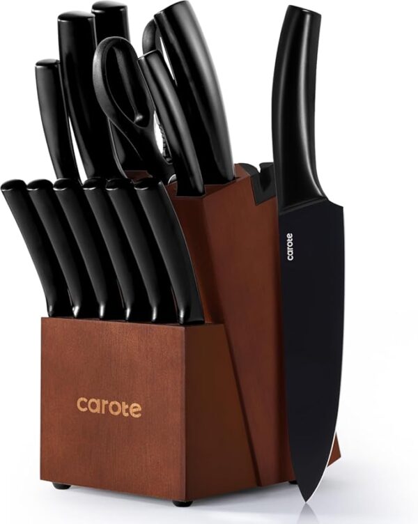 CAROTE 14Pcs Kitchen Knife Set, Dishwasher Safe knife set with Block and Sharpener, Stainless Steel Cutlery with Razor-Sharp Blades, 6 Steak Knives, Full-Black - Image 2