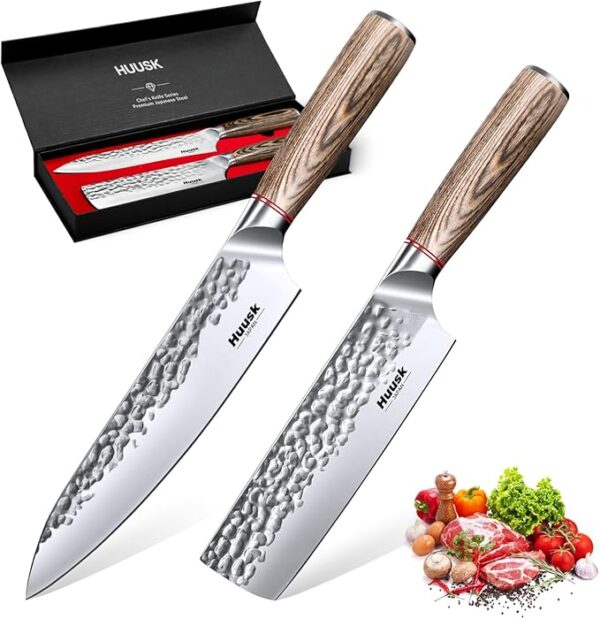 Huusk Japanese Kitchen Knife Set - 2-Piece Professional Chef Knives Set for Kitchen, Hand Forged Nakiri Vegetable Chopping Knife, Meat Cleaver Knife Set for Meat Cutting, Father's Day Gifts for Men - Image 2