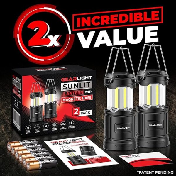 GearLight Camping Lantern - 2 Portable LED Battery Powered Lantern with Magnetic Base and Foldable Hook for Emergency Use or Campsites, Essential Hurricane Survival Kit with Batteries - Image 4