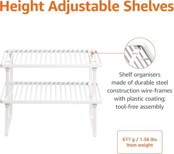 Amazon Basics Stackable Metal Kitchen Storage Shelves for Dishes, 12.5" L x 8" D x 4.5" H, Set of 2, White - Image 5