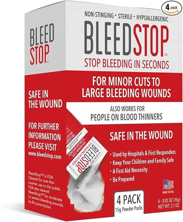 BleedStopâ¢ First Aid Powder for Blood Clotting, Trauma Kit, Blood Thinner Patients, Camping Safety, and Survival Equipment for Moderate to Severe Bleeding Wounds or Nosebleeds - 4 (15g) Pouches - Image 2
