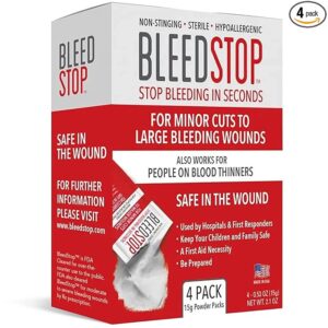 BleedStopâ¢ First Aid Powder for Blood Clotting, Trauma Kit, Blood Thinner Patients, Camping Safety, and Survival Equipment for Moderate to Severe Bleeding Wounds or Nosebleeds - 4 (15g) Pouches