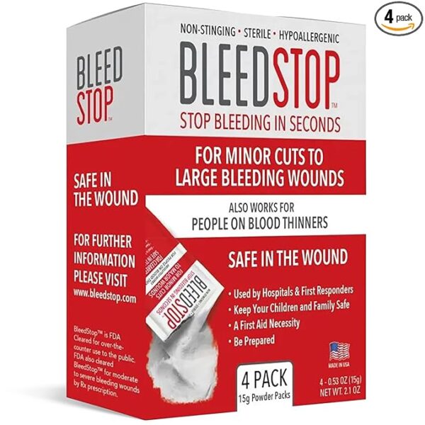 BleedStopâ¢ First Aid Powder for Blood Clotting, Trauma Kit, Blood Thinner Patients, Camping Safety, and Survival Equipment for Moderate to Severe Bleeding Wounds or Nosebleeds - 4 (15g) Pouches