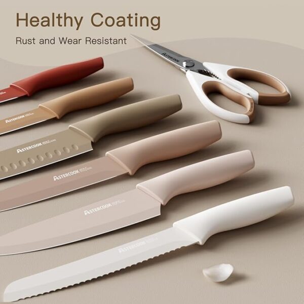 Astercook Knife Set, 13 Pieces Kitchen Knives Set with Healthy Anti-Rust Coating, Dishwasher Safe, Stainless Steel Chef Knife Sets with 6 Blade Guards, Perfect Holiday Gifts for Kitchen - Image 3