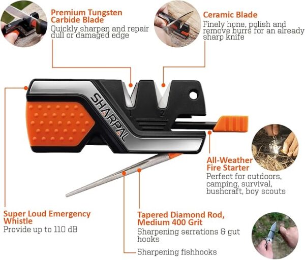 SHARPAL 101N 6-In-1 Pocket Knife Sharpener & Survival Tool, with Fire Starter Ferro Rod, Whistle & Diamond Sharpening Rod, Quickly Repair, Restore and Hone Straight and Serrated Blade - Image 3