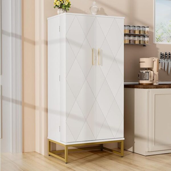 51â Pantry Cabinets, White Freestanding Kitchen Pantry Storage Cabinet with Adjustable Shelves, Buffet Cupboards Storage Cabinet for Home Office Use, White + Gold - Image 4