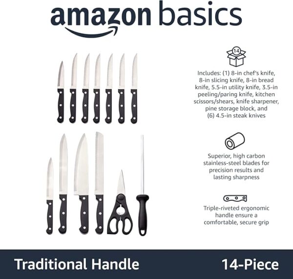Amazon Basics 14-Piece High Carbon Stainless Steel Kitchen Knife Set with Sharpener and Pinewood Block, Black - Image 11