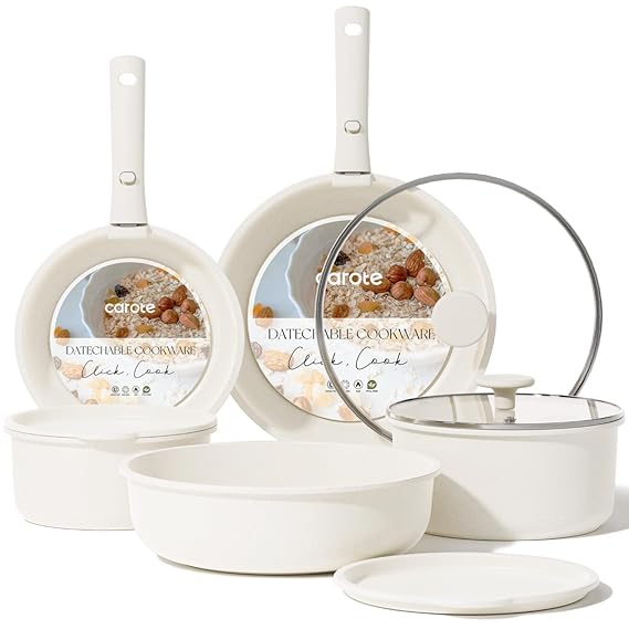 CAROTE 11pcs Pots and Pans Set, Nonstick Cookware Detachable/Removable Handle, Induction RV Kitchen Set, Oven Safe, Cream White