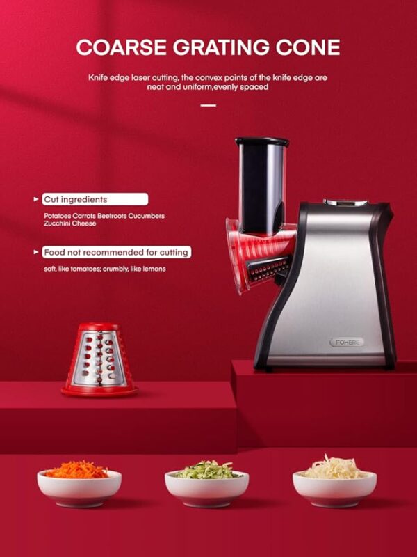 FOHERE Electric Cheese Grater Salad Maker, Electric Slicer Shredder for Home Kitchen Use, One-Touch Easy Control, Electric Grater for Vegetables, Cheeses and Nuts, BPA-Free, Red - Image 6