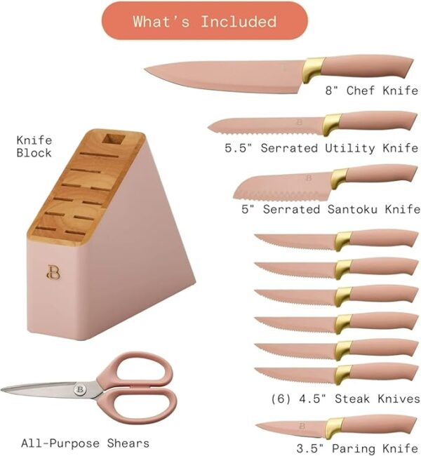 Beautiful 12pc Stainless Steel Knife Set with Soft-Grip Handles, Nonstick Resin Coated Blades, Steak Knives, Santoku, Chef Knife, Knife Block & More, Ergonomic Design, BPA-Free (Rose) - Image 5