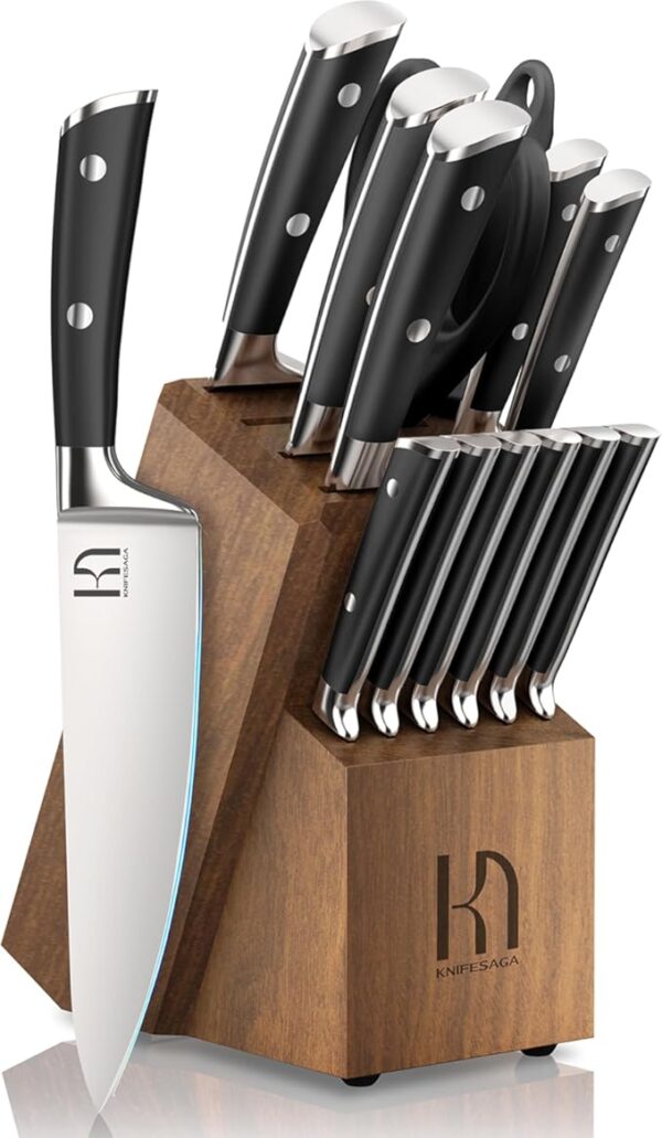 Knife Set 15 Pcs Japanese High Carbon Stainless Steel Kitchen Knife Sets with Block and Sharpener, Premium Razor Sharp Black Knives Block Set for Kitchen with Ergonomic Full-tang Handle - Image 2