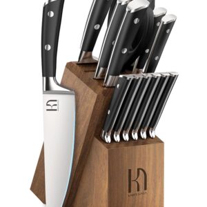Knife Set 15 Pcs Japanese High Carbon Stainless Steel Kitchen Knife Sets with Block and Sharpener, Premium Razor Sharp Black Knives Block Set for Kitchen with Ergonomic Full-tang Handle