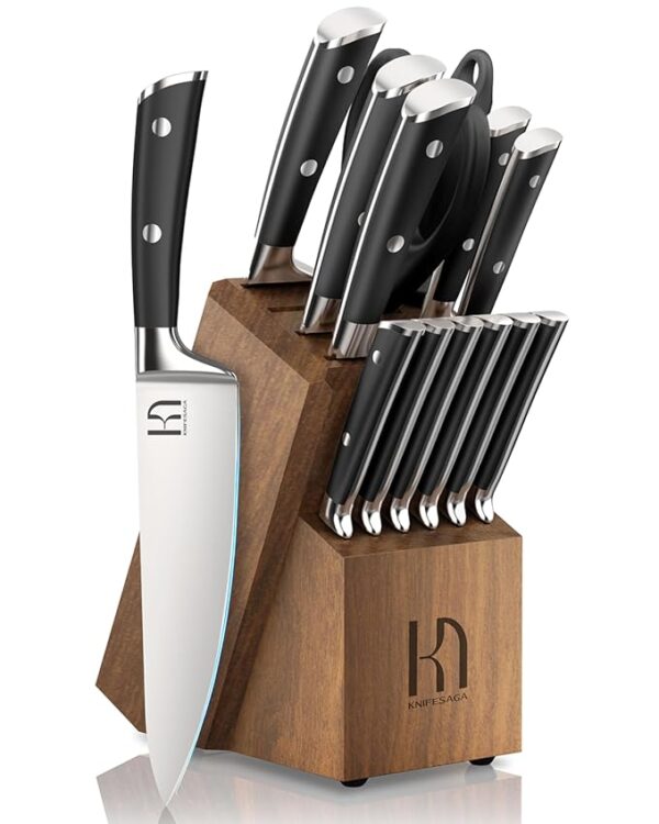 Knife Set 15 Pcs Japanese High Carbon Stainless Steel Kitchen Knife Sets with Block and Sharpener, Premium Razor Sharp Black Knives Block Set for Kitchen with Ergonomic Full-tang Handle