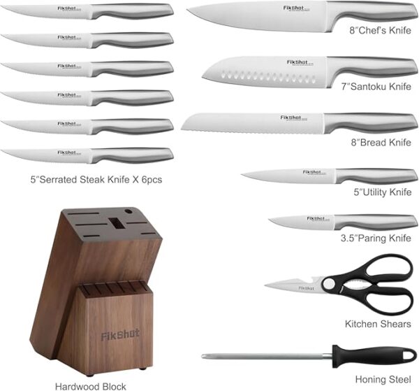 Kitchen Knife Sets with Block, FIKSHOT Knives Set for Kitchen - Razor-Sharp Santoku Knife, Fruit and Kitchen Sets - Dishwasher Safe and Rust Resistant for Homecooks (Silver + Walnut) - Image 6