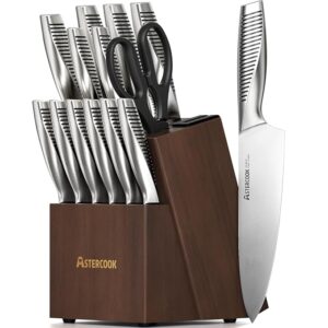 Astercook Knife Set, 15 Pieces Full Tang Kitchen Knife Sets with Block and Built-in Sharpener, German Stainless Steel Knives Block Sets Dishwasher Safe