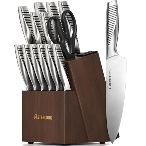 Astercook Knife Set, 15 Pieces Full Tang Kitchen Knife Sets with Block and Built-in Sharpener, German Stainless Steel Knives Block Sets Dishwasher Safe