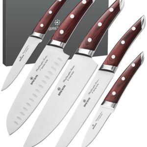 Brewin CHEFILOSOPHI Japanese Chef Knife Set 5 PCS with Elegant Red Pakkawood Handle Ergonomic Design,Professional Ultra Sharp Kitchen Knives for Cooking High Carbon Stainless Steel