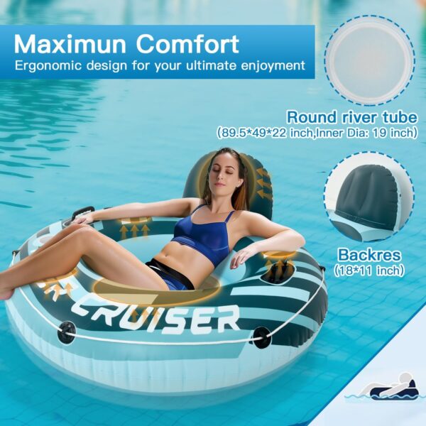 River Tube Floats for Adults Heavy Duty Pool Floats Inflatable Water Tube with Cup Holeder, Drink Cooler and Mesh Bottom Backrest (2 Pack Single/Double) - Image 2