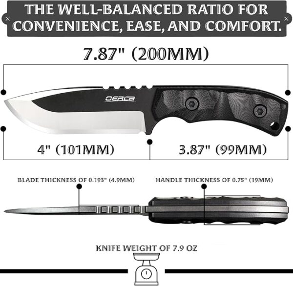 OERLA TAC DE-0014 Fixed Blade Outdoor Duty Knife 420HC Stonewashed Stainless Steel Field Knife Straight Camping Knife with G10 Handle Waist Clip EDC Kydex Sheath (Black) - Image 3