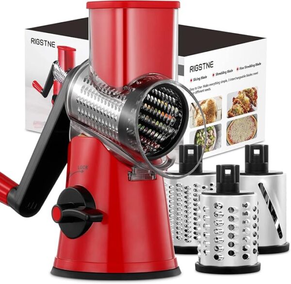 Rotary Cheese Grater, 3 in 1 Cheese Shredder Grater Rotary with Handle, Vegetable Mandoline Slicer Shredder for Vegetable, Cheese, Nut - Image 2