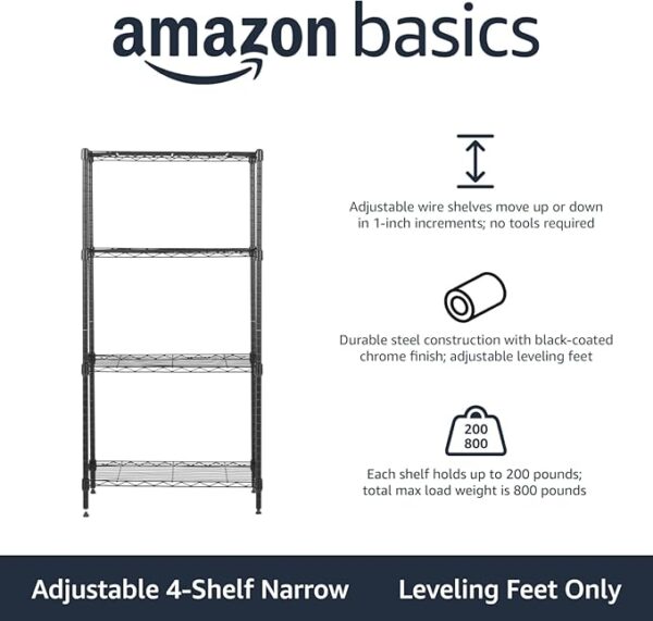Amazon Basics 4-Shelf Steel Wire Storage Rack, Adjustable, Sturdy, Easy Assembly, 13.4 D x 23.2 W x 48 H in, Black - Image 4