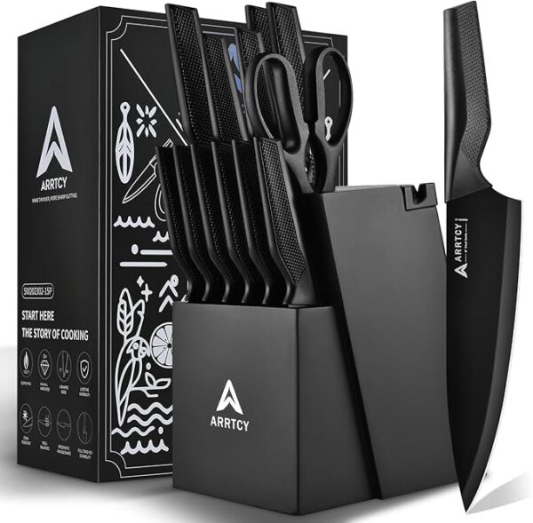 Knife Set - Kitchen Knife Set with Built-in Sharpener - knife block set dishwasher safe 15 piece - Anti-slip Handle - German Stainless Steel - Black,with Gift Box - Image 2